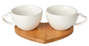 White porcelain espresso cups set of 2 on bamboo heart tray, elegant wedding favor gift for guests