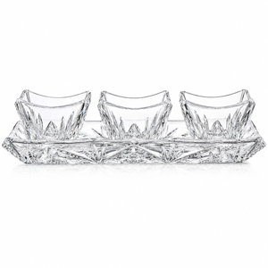 Elegant crystal appetizer serving set with rectangular tray and three square dipping bowls for wedding favors