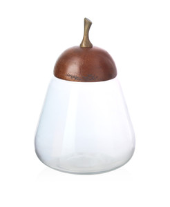 A glass jar with a brown and wooden lid, perfect for kitchen storage or as elegant wedding favors.