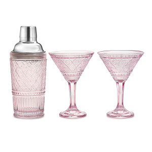 A pink crystal martini cocktail shaker set grates for a wedding favors and bridal shower favors