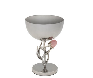 Pink footed stainless steel nut bowl with polished finish and pink bud branch design, decorative serving bowl.
