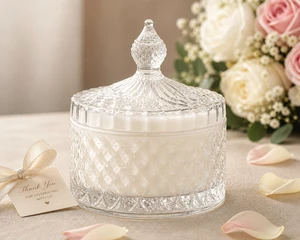 White crystal candle favor with decorative lid, elegant wedding guest candle gift