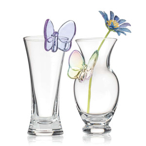 Set of 2 elegant crystal butterfly bud vases with purple and multi-color butterfly accents for wedding favors, bridal shower favors, and baby shower décor.