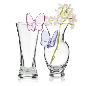 Set of 2 butterfly bud vases in clear glass with pink and purple accents, elegant mini flower vases for wedding centerpieces and event decor