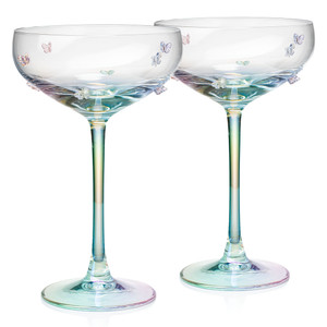 Crystal butterfly coupe glass set with iridescent stems for bridal showers, wedding toasts, and elegant celebrations