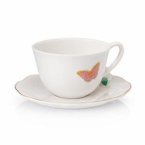 Elegant butterfly teacup and saucer set with glossy finish, decorative tea cup for weddings, bridal showers, tea parties, and elegant table décor, compact size collectible gift set.