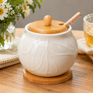 Modern white honey pot with bamboo lid, sweet table accessory and unique favor gift for weddings, baby showers, and special events