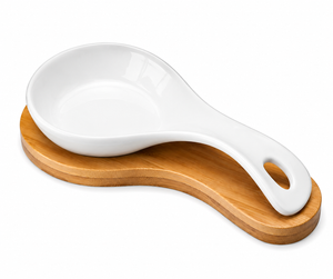 White ceramic spoon rest with bamboo tray for wedding favors and bridal shower gifts