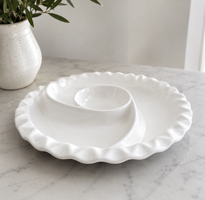 White ceramic chip and dip serving platter, elegant divided appetizer tray for bridal shower favors, wedding receptions, and anniversary celebrations.