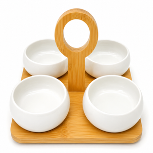 White porcelain 4 section appetizer serving dish with bamboo base wedding favor gift