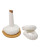 A stack of white ceramic salt and pepper shakers on a bamboo base, accompanied by an oil bottle, ideal for wedding favors.