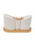 A three-piece white ceramic condiment set, featuring salt and pepper shakers with a toothpick holder, elegantly displayed on a bamboo tray. Perfect as wedding favors.