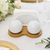 White ceramic salt and pepper set with bamboo tray wedding favor gift