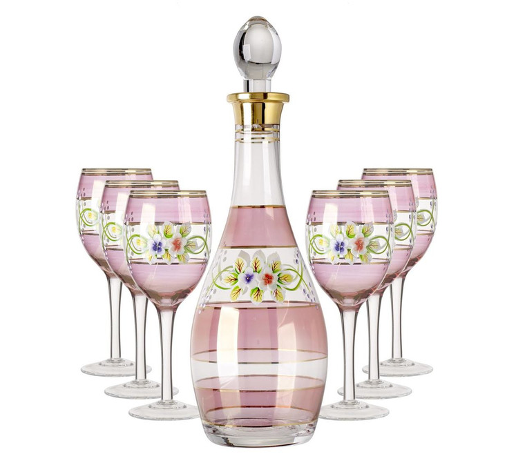 Italian Wine Glasses and Decanter Set with 24k Rim