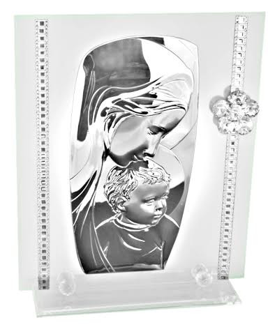 Madonna w. Child w swarovski flower plaque
