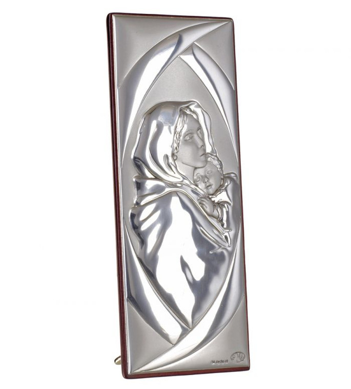 Italian Sterling Silver Rectangle Mother & Child Religious Icon On Chery-wood Back