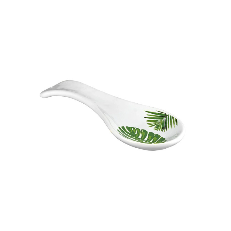 Stylish white spoon with a palm leaf motif, a delightful wedding favor that guests will cherish.