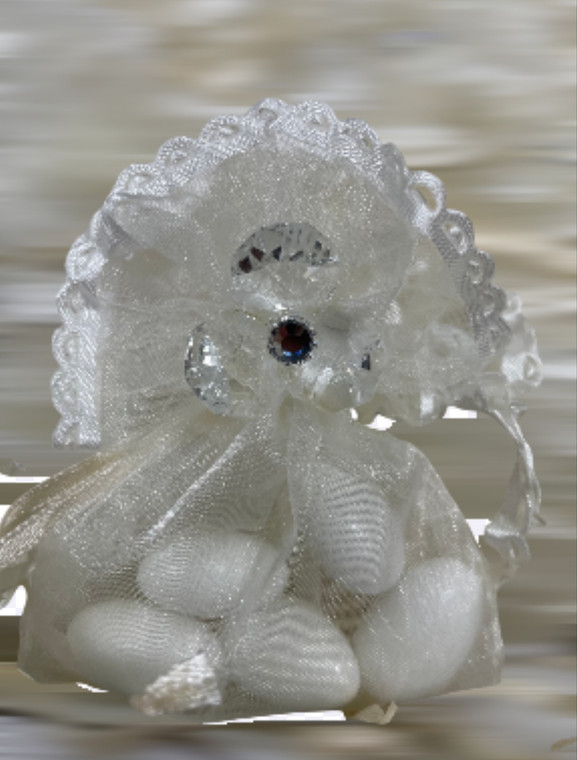 Delicate organza bag in ivory with a crystal flower accent, perfect for adding a touch of elegance to wedding favors.