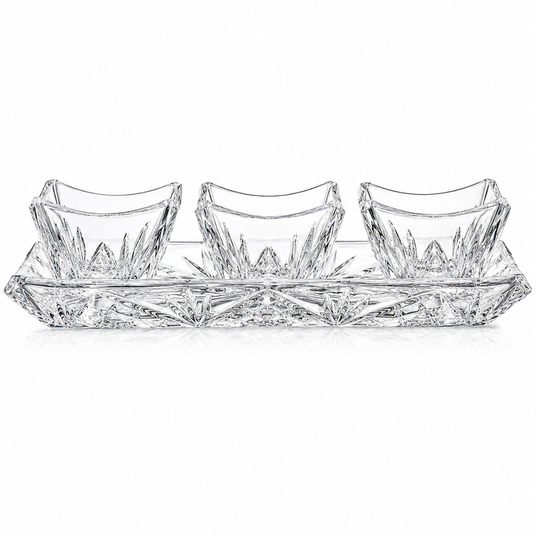 Elegant crystal appetizer serving set with rectangular tray and three square dipping bowls for wedding favors