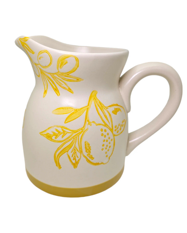A decorative jug featuring a lemon and a lemon tree, perfect for wedding favors.