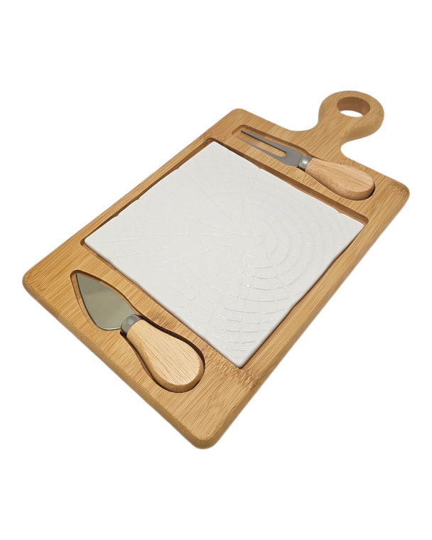 A wooden cutting board featuring a cheese board and knife, perfect for wedding favors and culinary delights