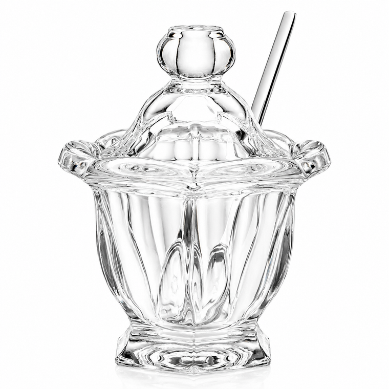 Crystal honey jar with spoon for wedding favors, bridal showers, anniversary gifts, and elegant table décor
