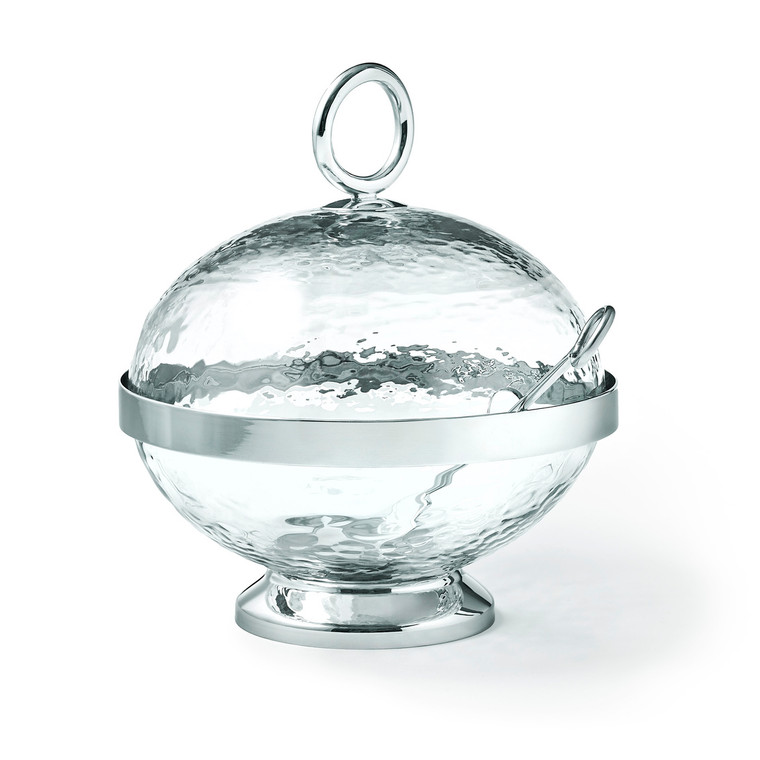 A round sugar holder with spoon Silver color perfect for wedding favors and bridal showers