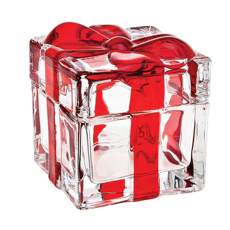 A crystal candy box with a Red ribbon ideal for wedding favors