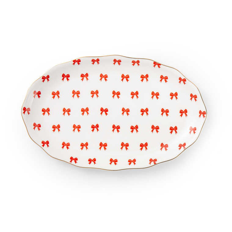 an oval 14 inch oval platter with Jolly bows  red ones, ideal for wedding showers