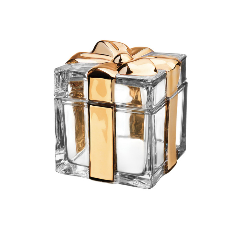 a Crystal candy box wrapped with gold ribbon and bow ideal for wedding favors