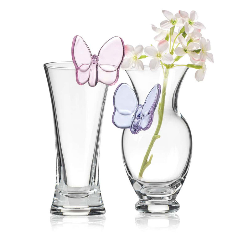 Set of 2 butterfly bud vases in clear glass with pink and purple accents, elegant mini flower vases for wedding centerpieces and event decor