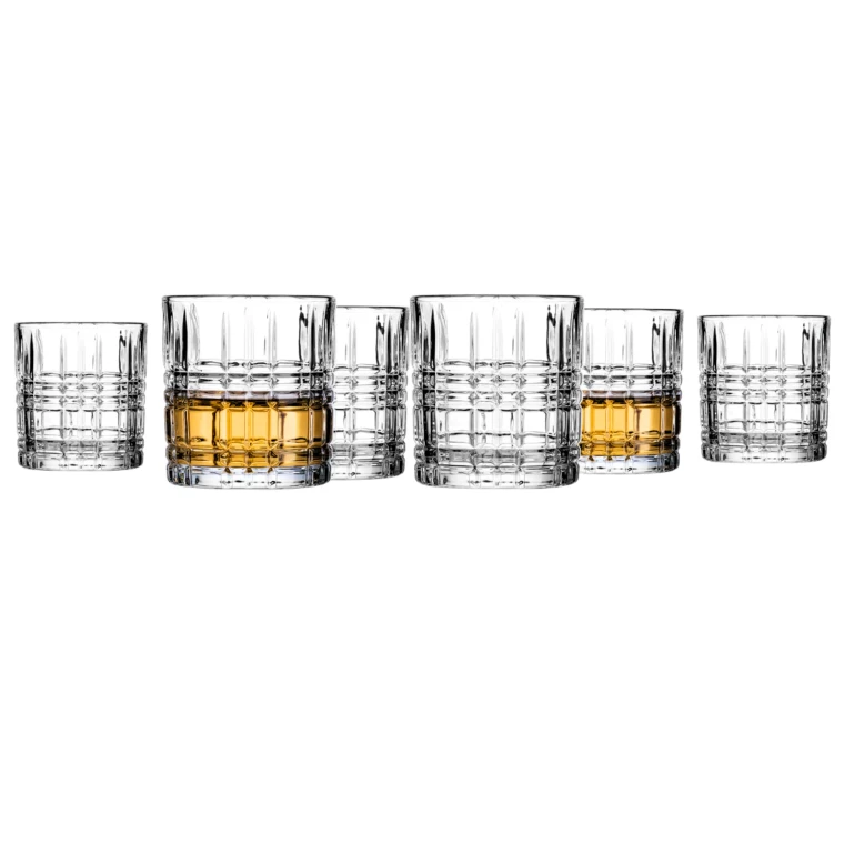 Crystal whiskey glasses set of 6 for wedding favors and bridal shower favors, clear unleaded crystal 2.5 oz shot glasses with elegant etched design.
.