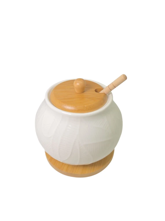 White ceramic honey jar with bamboo lid wedding favor for elegant weddings and bridal showers