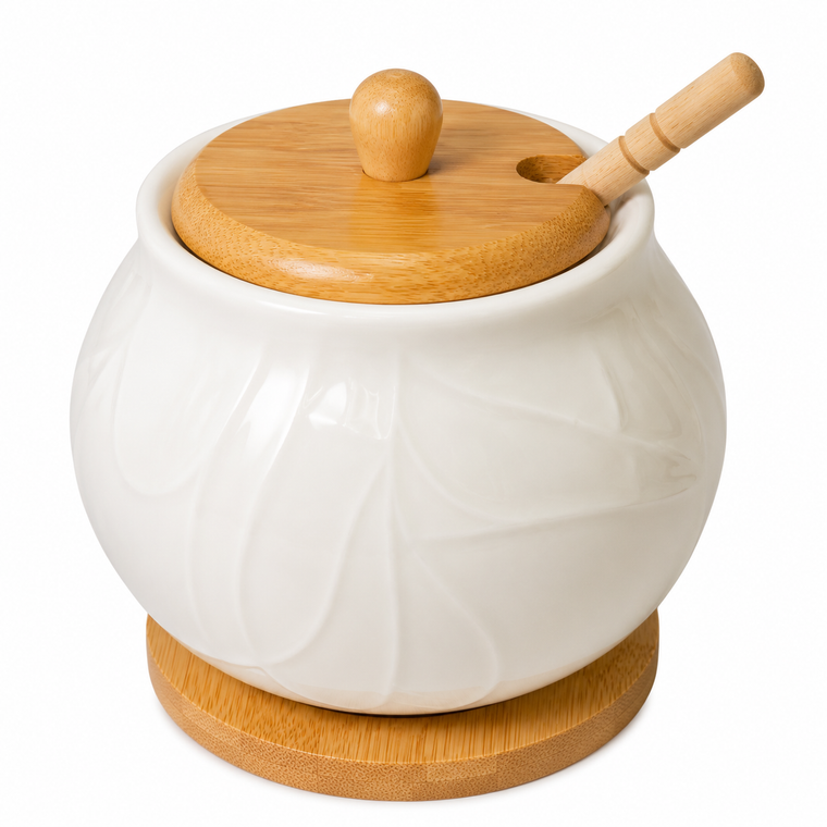 White ceramic honey jar with bamboo lid and wooden dipper, elegant wedding favor and bridal shower gift idea