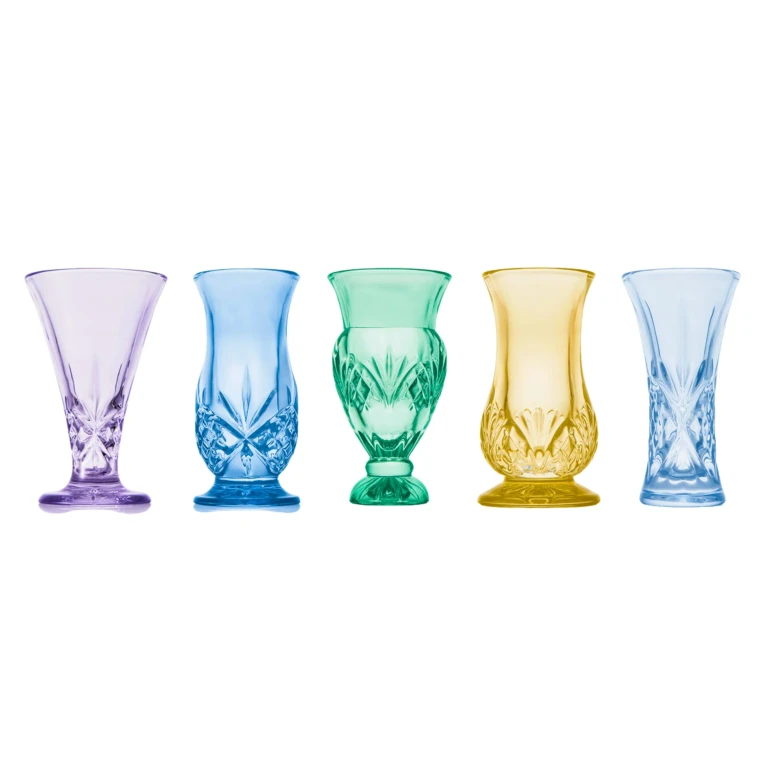 Set of five colored crystal bud vases for wedding favors, bridal shower centerpieces, anniversary gifts, and home décor