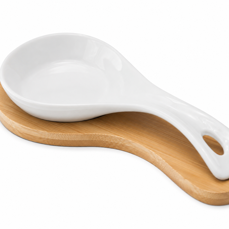 White ceramic spoon rest with bamboo tray for wedding favors and bridal shower gifts