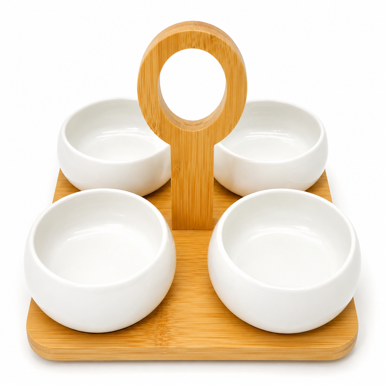 White porcelain 4 section appetizer serving dish with bamboo base wedding favor gift