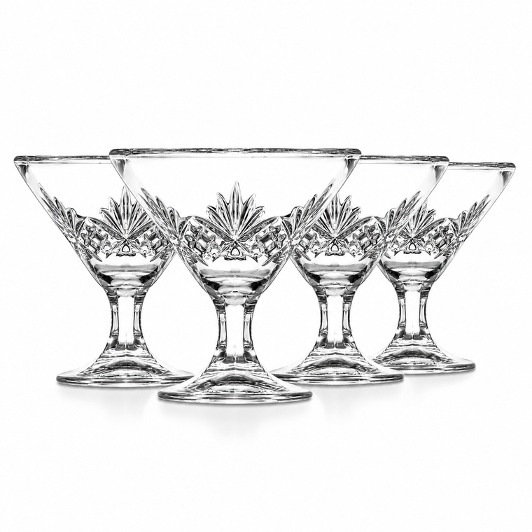 Set of elegant cut crystal martini glasses with vintage pattern, perfect for wedding favors or bridal shower gifts