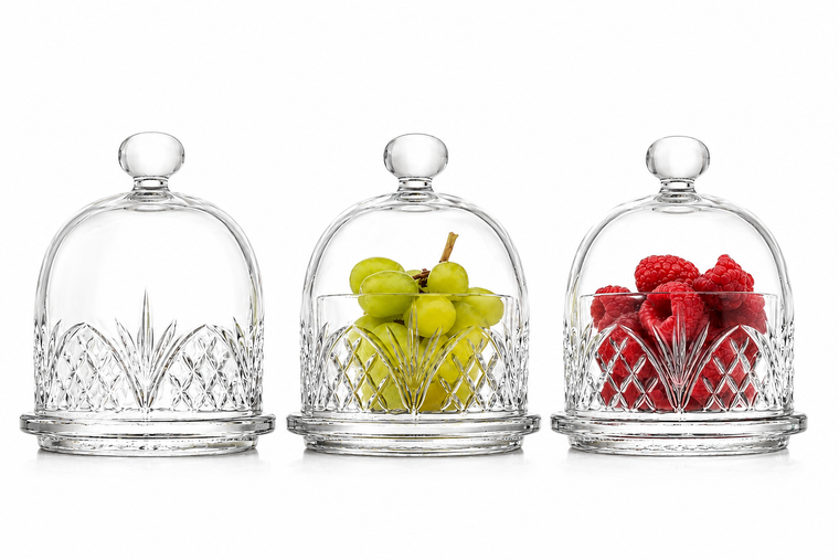 Set of three crystal butter dishes with glass dome lids on white background, featuring empty, green grapes, and raspberries display
