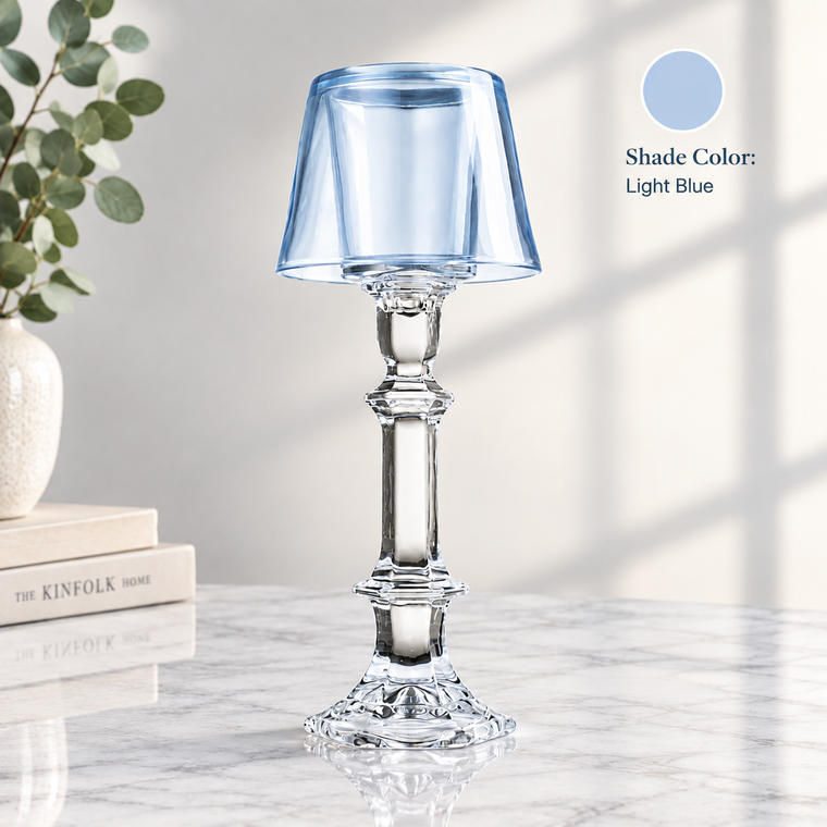 Light blue crystal votive holder lamp for wedding centerpieces, bridal showers and corporate gifts
