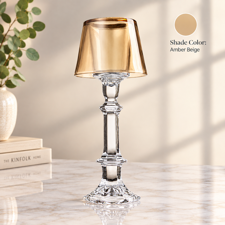 Crystal amber beige votive holder lamp with faceted glass, elegant wedding favor and bridal shower centerpiece.