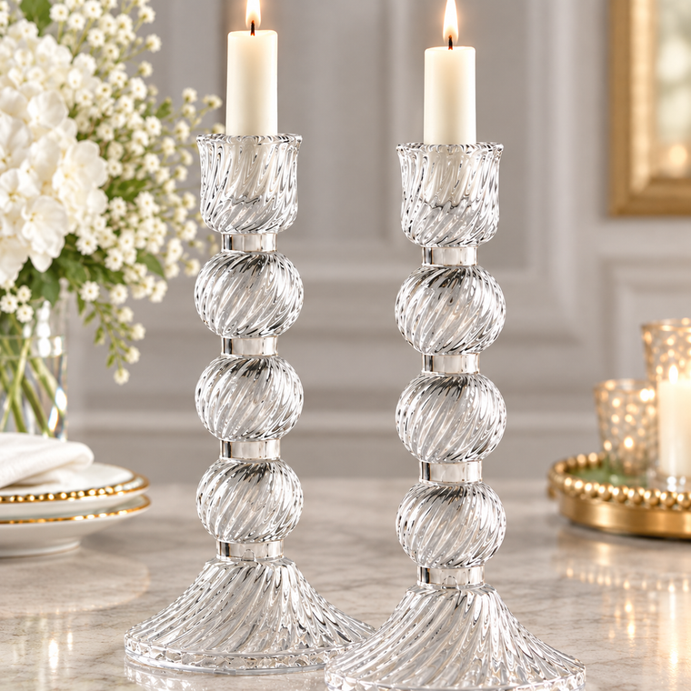 Clear crystal candlestick holders for elegant wedding favors, bridal shower favors, and baptism celebration gifts