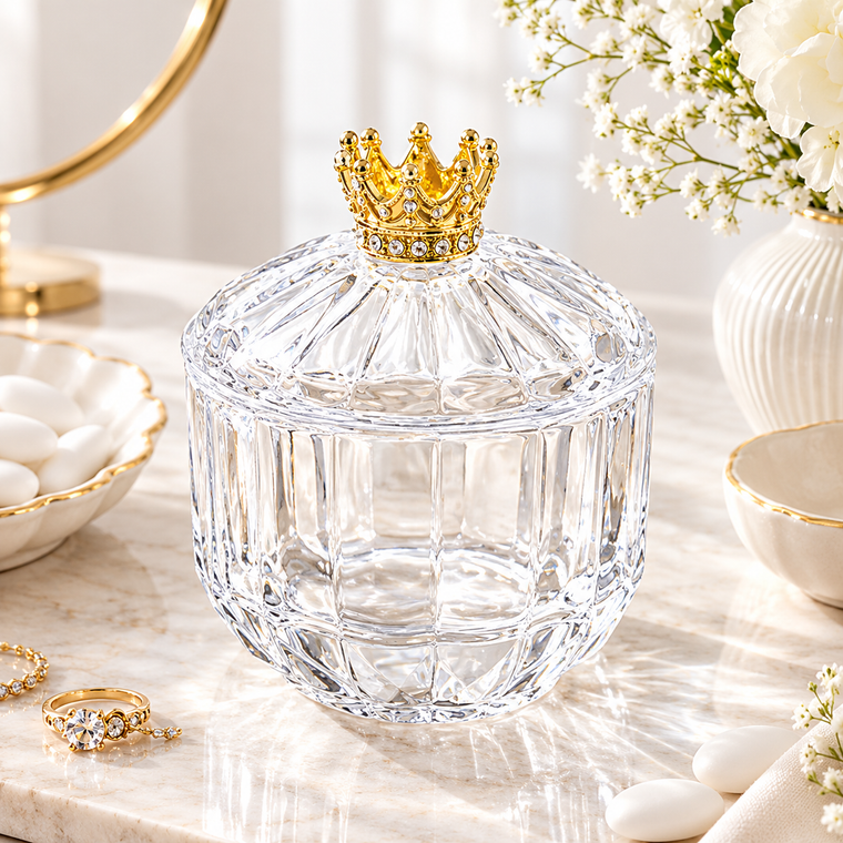 Crystal candy dish with gold crown lid for elegant wedding favors, bridal shower favors, and Jordan almonds.