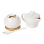 A white coffee pot with a wooden stand, ideal for wedding and bridal shower favors.