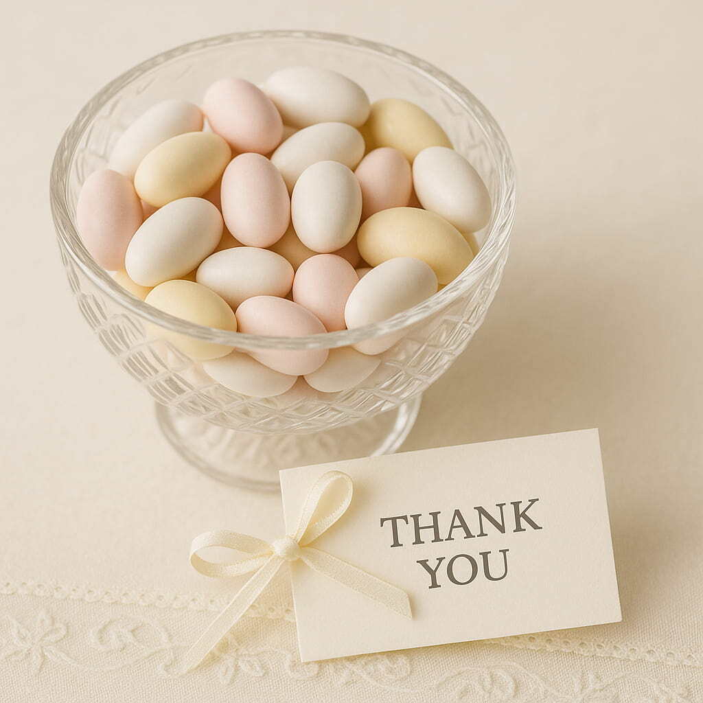 Close-up of sugared almonds in tulle and elegant Italian wedding keepsakes on display