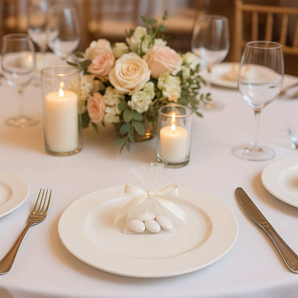 Modern Italian wedding favors including limoncello bottles and crystal gift pieces