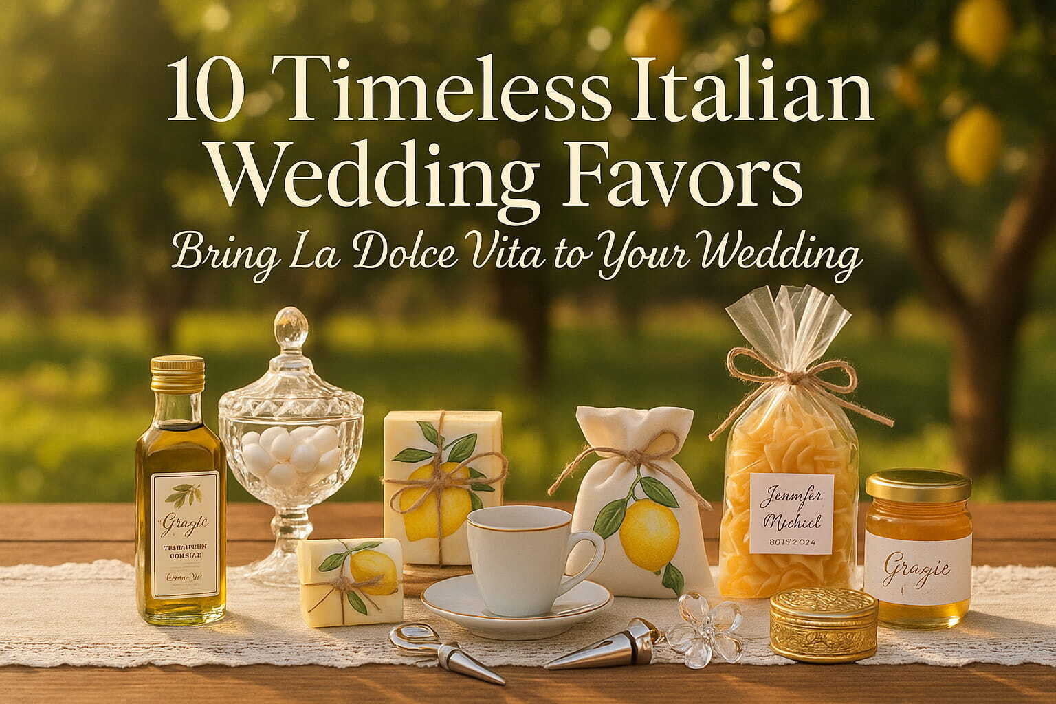 Elegant Italian wedding favors on a rustic table with lemon-themed décor in a sunny outdoor setting.