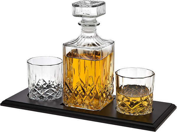 Whiskey Decanter and Glasses Barware Set On Wooden  Tray