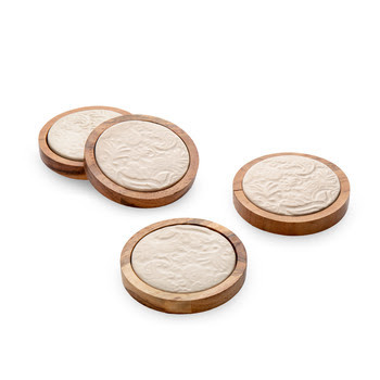 Porcelain and Wood Coaster Set Floral Decor