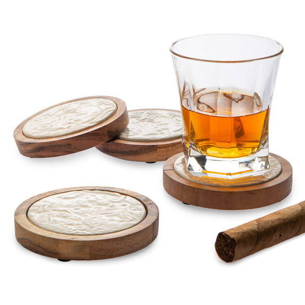 Porcelain and Wood Coaster Set Floral Decor